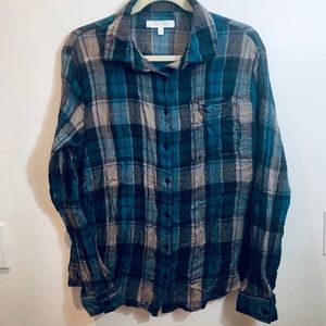 Lightweight Cotton Teal Turquoise Plaid Button Up Roll Sleeve Layering Top